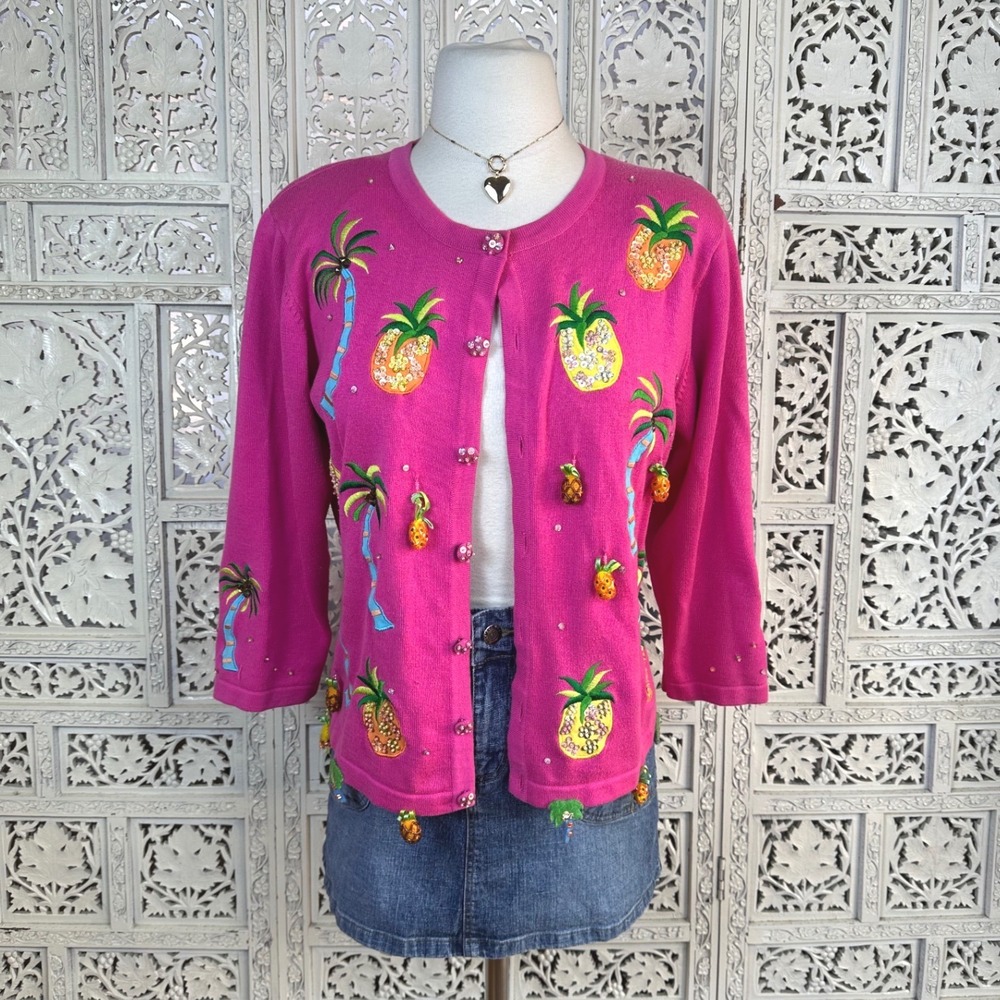 Vtg Just B Pink Tropical Sequin Beaded Fairy Granny 34 Sleeve Cardigan Sz M‎